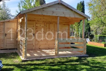 drewniany domek ogrodowy 400x300cm 4x3m z tarasem i przybudówką na narzędzia