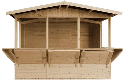 Domek handlowy na wynajem - otwarte lady frontowe i boczne oraz drzwi - widok od frontu