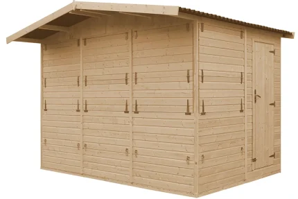 Domek handlowy na wynajem - zamknięte lady frontowe i boczne oraz drzwi - widok od strony drzwi