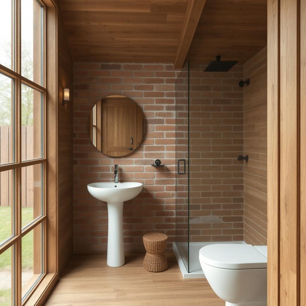 łazienka w domku letniskowym z drewna z akcentami z cegły